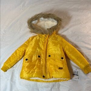 7 For All Mankind Yellow Puffer Jacket with Faux Fur Hood